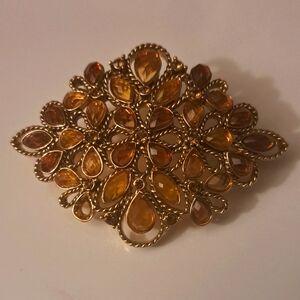Vtg Monet Golden Amber Rhinestones Brooch Pin